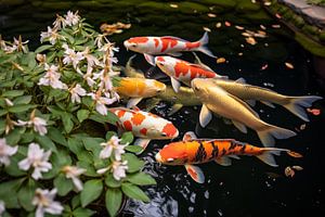 Koi Karpfen in einem Gartenteich im Frühling