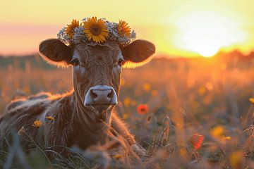 Sunset magic - Cow portrait in the sunflower field by Poster Art Shop