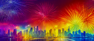 Panorama Feuerwerk über einer Stadt Illustration