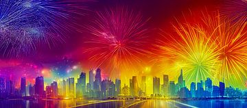 Panorama Feuerwerk über einer Stadt Illustration von Animaflora PicsStock