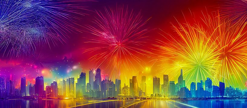 Panorama fireworks over a city illustration by Animaflora PicsStock