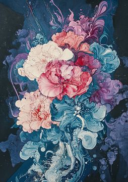 Pioen Kunst | Roze en Blauwe Bloemen