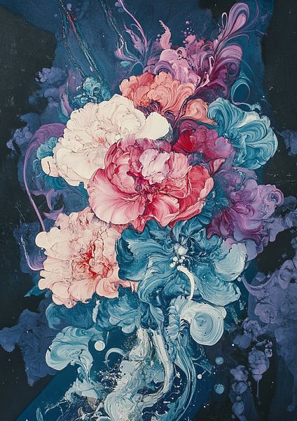 Pioen Kunst | Roze en Blauwe Bloemen van ARTEO Schilderijen