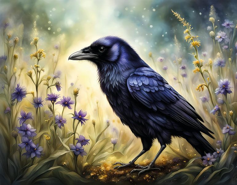 Raven in field with flowers by Betty Maria Digital Art