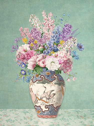 Vintage Spring flowers in chinoiserie vase