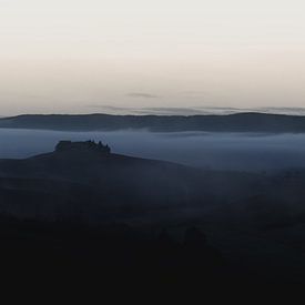 Foggy spring morning over a farmhouse on a hill in Tuscany by Besa Art