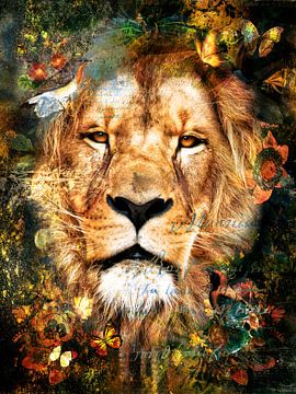 Lion in mixed media collage by John van den Heuvel