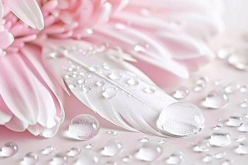 Plume et gouttes de rosée avec fleur rose