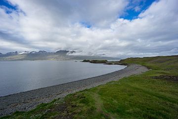 IJsland - Kust van oostelijk ijsland met bewolkte lucht en besneeuwde bergen van adventure-photos