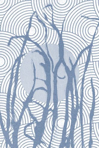 Ikigai. Zon en gras. Abstracte Zen kunst. Japanse stijl in blauw en wit II