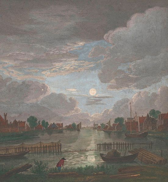 Gezicht op een kanaal in de omgeving van de stad Haarlem bij maanlicht, Pierre François Basan van Meesterlijcke Meesters