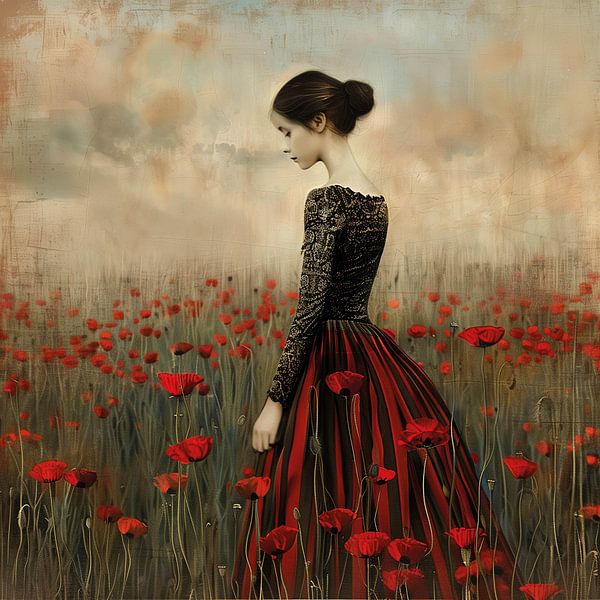 Woman in Field of Red Poppies at Soft Dawn by Color Square