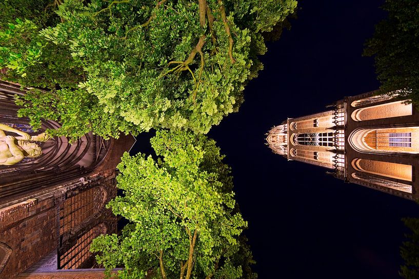 Illuminated Dom Tower and Domkerk seen from below by Anton de Zeeuw