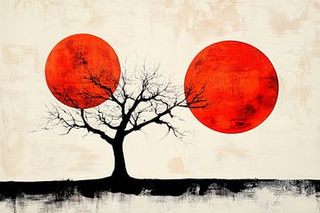 Baum vor roten Sonnen – Minimalistisch von Poster Art Shop