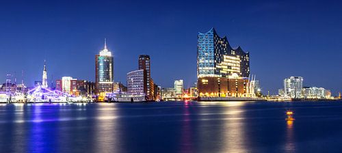 Hamburg City Skyline at the Elbphilharmonie- Panorama in the blue hour
