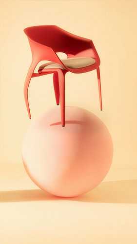 Surrealer roter Stuhl, der über einer riesigen erröten rosa Kugel schwebt
