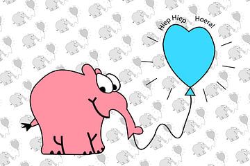 Rosa Elefant mit blauem Luftballon (mit Hintergrund) von Henk Egbertzen