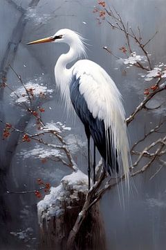 Grue sur une branche dans la neige sur Digitale Schilderijen