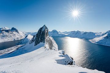 Skitochten in de winter op Senja bij Hester met uitzicht op de fjorden van Leo Schindzielorz