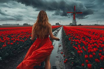 une femme fait du vélo dans un champ de tulipes sur Egon Zitter