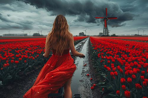 vrouw fietst door tulpenveld