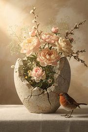 Gebroken Vaas met Bloemen en Roodborstje – zachte pastel bloemen in unieke setting van Kleurenrijk