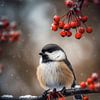 Winter Vogel Schilderij - Koolmees Tussen Rode Bessen van Joriali Fine Art