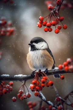 Winter Vogel Schilderij - Koolmees Tussen Rode Bessen