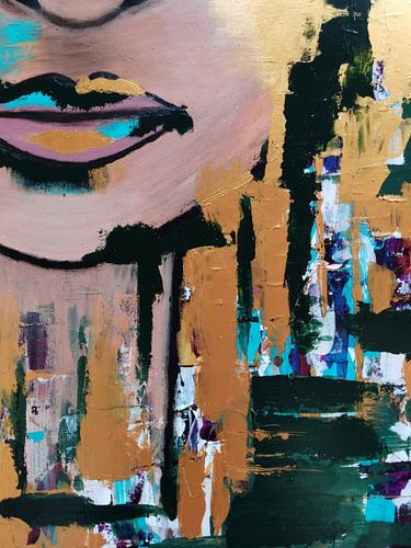 Modern, Abstract Portret van een Vrouw in Blauw, Goud, Geel