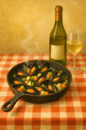 Mosselen en witte wijn