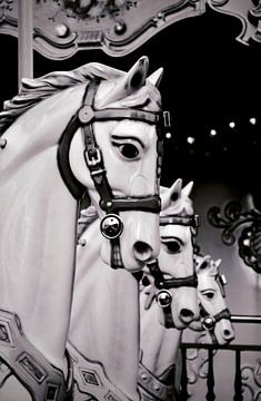 Roundabout with Monochrome Wooden Horses - Nostalgia of Youth by Carolina Reina