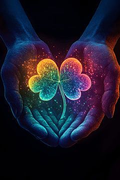 Hands around a four-leaf clover