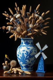 Delfts Blauwe Vaas met Droogbloemen en Molentje – Landelijk Stilleven van Kleurenrijk