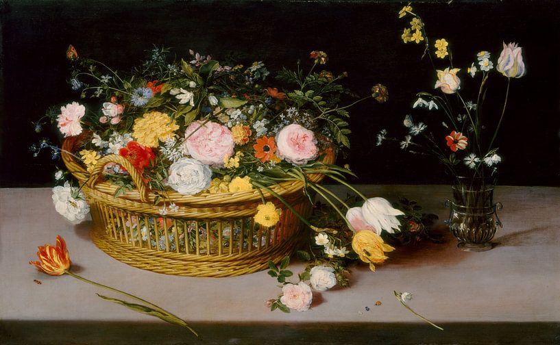 Blumen in einem Korb und einer Vase, Jan Brueghel (der Alte) von Oude Meesters Atelier