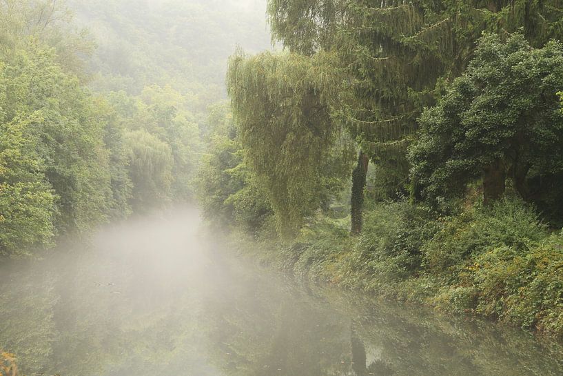 A mist-covered river winds through the green landscape by Paul Wendels