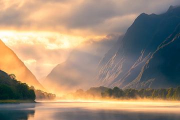 Mist in een bergmeer van Poster Art Shop