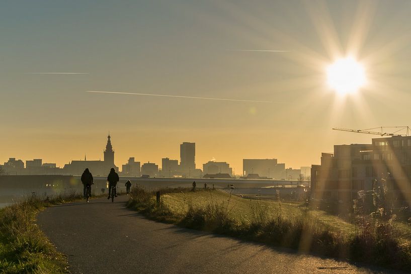 Fietsers op de dijk naar Nijmegen van Patrick Verhoef