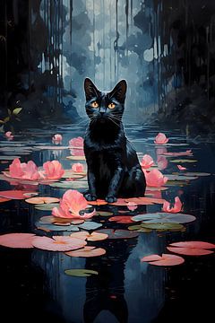 Black cat and water lilies by Uncoloredx12