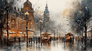 Aquarell-Einkauf auf dem Weihnachtsmarkt mit Lichtern und Bokeh-Malerei in der Stadt Winter Kunst Design
