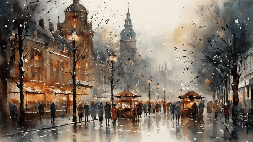 Aquarell-Einkauf auf dem Weihnachtsmarkt mit Lichtern und Bokeh-Malerei in der Stadt Winter Kunst Design von Animaflora PicsStock