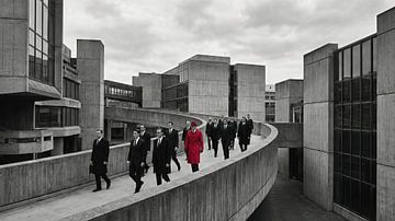 Men in Suits Walking on Concrete Bridge with Red-Coated Man