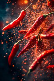 Zwevende rode chilipepers in focus van Poster Art Shop