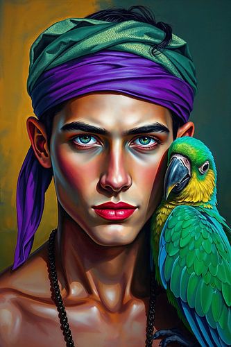 Portret - jonge man met papegaai