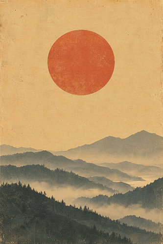 Red sun over misty wooded hills