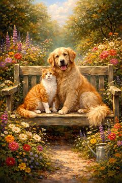 Katze und Hund auf einer Bank