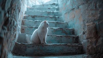 Witte kat op een trap panorama van TheXclusive Art