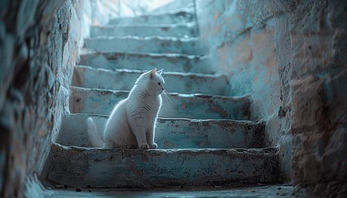 Witte kat op een trap panorama