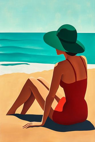 Femme à la plage en rouge et vert