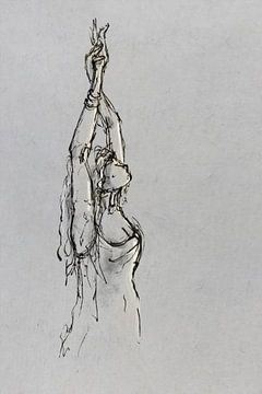 Pen drawing semi abstract woman raises her arms to the sky by Emiel de Lange
