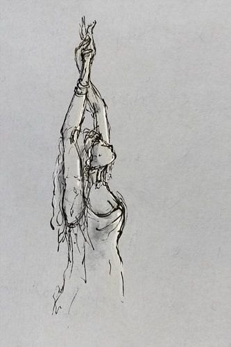 Pen tekening semi abstract vrouw sterkt haar armen naar de lucht